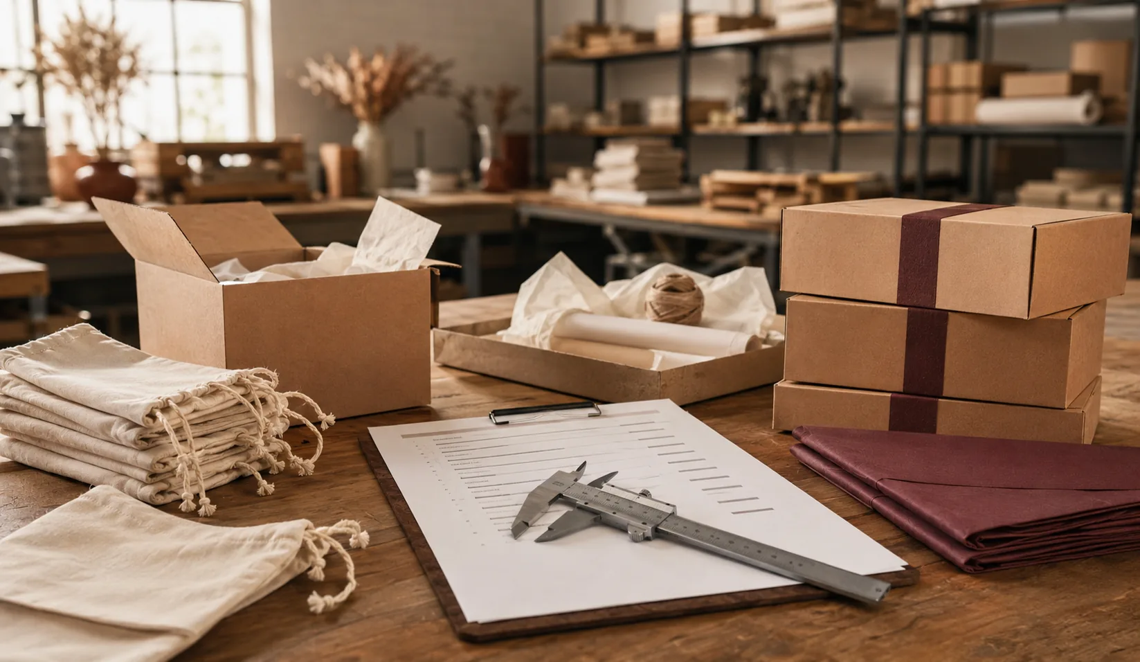 Quality inspection tools and export packaging materials on a work table